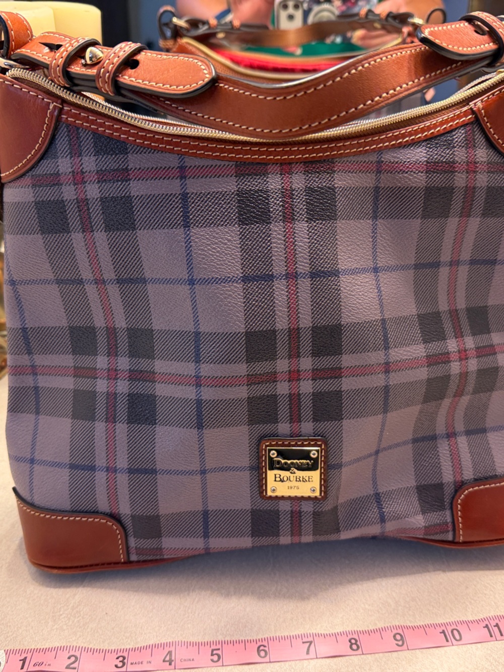 Dooney & Bourke Purple Plaid Shoulder Bag with Brown Leather Trim